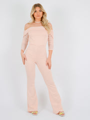 Mesh Neckline Bardot Jumpsuit