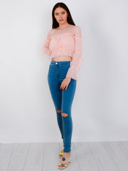 Polka Dot Mesh Bardot Crop Top