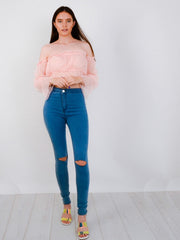 Polka Dot Mesh Bardot Crop Top