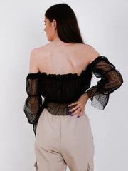 Polka Dot Mesh Bardot Crop Top