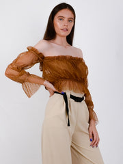 Polka Dot Mesh Bardot Crop Top