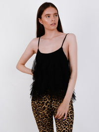 Frill Mesh Trim Cami Top - Black