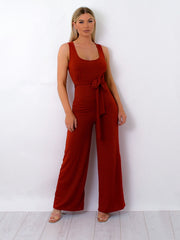 Zip Back Tie Knot Ribbed Jumpsuit