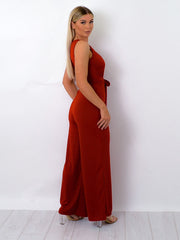 Zip Back Tie Knot Ribbed Jumpsuit