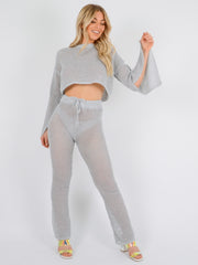 Lurex Knitted Crochet Split Sleeve Crop Top & Trouser Co-ord