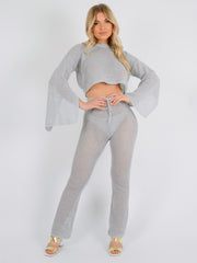 Lurex Knitted Crochet Split Sleeve Crop Top & Trouser Co-ord
