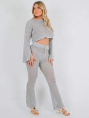 Lurex Knitted Crochet Split Sleeve Crop Top & Trouser Co-ord