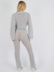 Lurex Knitted Crochet Split Sleeve Crop Top & Trouser Co-ord