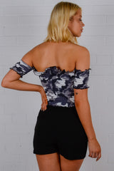 Camouflage Shirred Bardot Crop Top