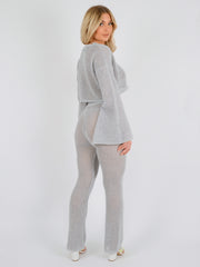 Lurex Knitted Crochet Split Sleeve Crop Top & Trouser Co-ord