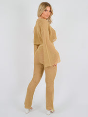 Lurex Knitted Crochet Split Sleeve Crop Top & Trouser Co-ord