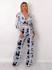 Newspaper Print Tie Waist Crop Top