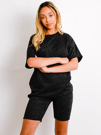 Melange Knit Oversized T-Shirt & Shorts Co-ord - Black