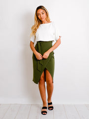 Contrast Wrap Front Belted Midi Dress
