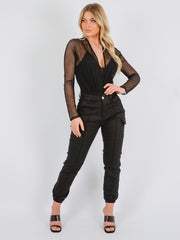 Plunge Neck Lined Mesh Bodysuit