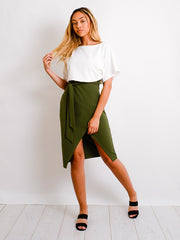 Contrast Wrap Front Belted Midi Dress