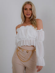 Off Shoulder Ruched Frill Crop Top