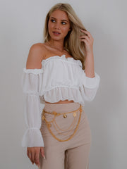 Off Shoulder Ruched Frill Crop Top