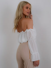 Off Shoulder Ruched Frill Crop Top