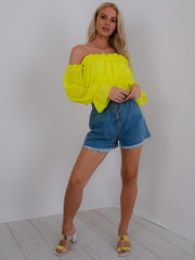 Off Shoulder Ruched Frill Crop Top