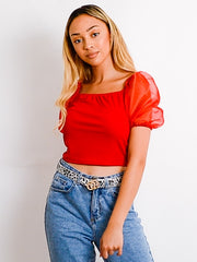 Mesh Sleeve Ribbed Milkmaid Top