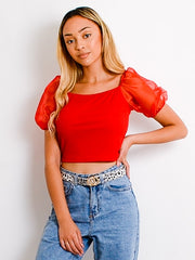 Mesh Sleeve Ribbed Milkmaid Top