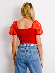Mesh Sleeve Ribbed Milkmaid Top