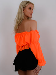 Off Shoulder Ruched Frill Crop Top