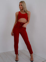 Wooden Look Buckle Belt Trousers