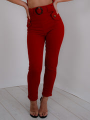 Wooden Look Buckle Belt Trousers