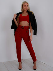 Wooden Look Buckle Belt Trousers