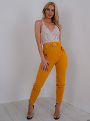 Wooden Look Buckle Belt Trousers