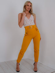 Wooden Look Buckle Belt Trousers