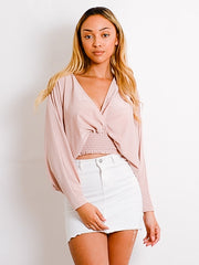 Wrap Front Shirred Batwing Top