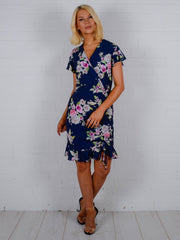 Floral Print Ruched Front Wrap Dress
