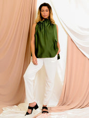 Satin Tie Knot Ruched Neckline Top