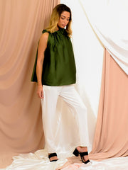 Satin Tie Knot Ruched Neckline Top