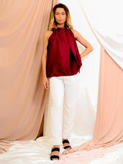 Satin Tie Knot Ruched Neckline Top
