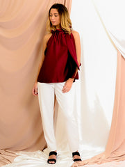 Satin Tie Knot Ruched Neckline Top