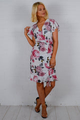 Floral Print Ruched Front Wrap Dress