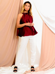 Satin Tie Knot Ruched Neckline Top