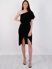 One Shoulder Wrap Front Belted Midi Dress