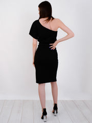 One Shoulder Wrap Front Belted Midi Dress