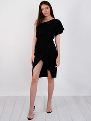 One Shoulder Wrap Front Belted Midi Dress