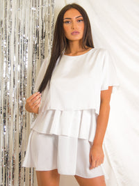 Satin Frill Layered Tiered Dress - Cream