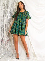 Leopard Print Frill Tiered Satin Smock Dress