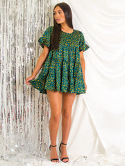 Leopard Print Frill Tiered Satin Smock Dress