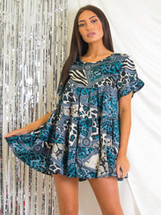 Mixed Print Frill Tiered Satin Smock Dress