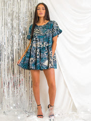 Mixed Print Frill Tiered Satin Smock Dress