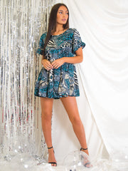 Mixed Print Frill Tiered Satin Smock Dress